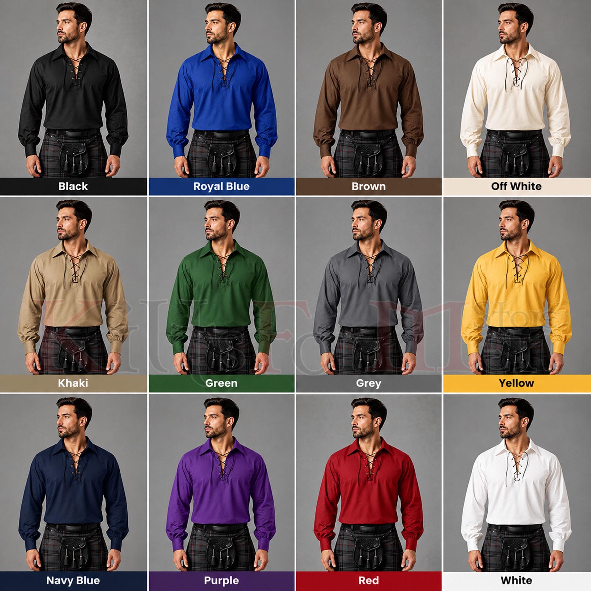 Traditional Scottish Kilt Shirt, Men's Ghillie Shirt, Leather Lace Up 100% Cotton Highland Shirt, Celtic Festival Shirt