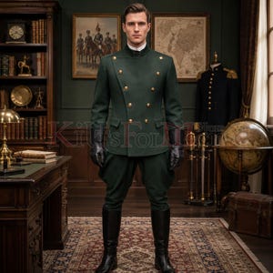Limited Chauffeur Uniform, Green Military General Uniform, Men's Double-Breasted Officer Jacket, Handmade Wool Victorian Costume