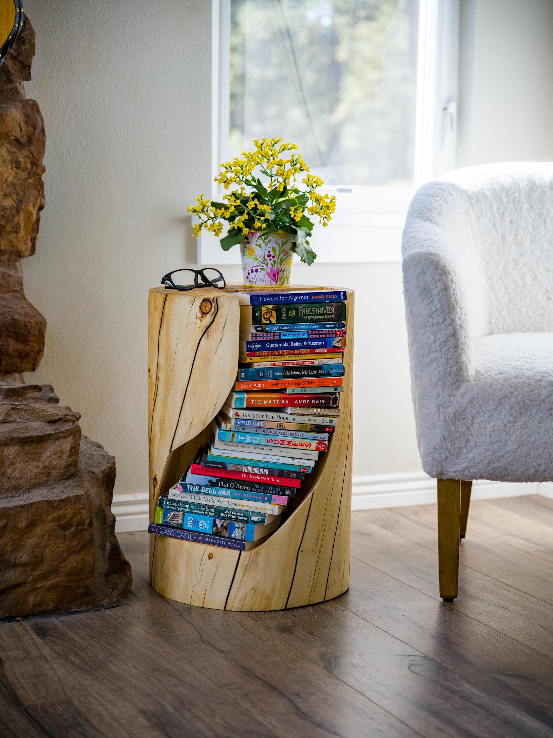 Hand Carved Log Side Table With Book Nook – Rustic Colorado Wood ...