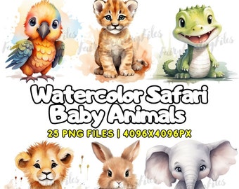 Watercolor Safari Baby Animals | 25 Clipart PNG Bundle | Watercolor Jungle Animals | Cute Safari Animals | Baby Shower & Nursery Transparent