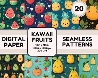 20 Kawaii Fruits Seamless Patterns | Fruits Seamless | Cute Fruits Patterns | Kawaii Design Patterns | Scrapbook Paper | Paper Pack | PNG