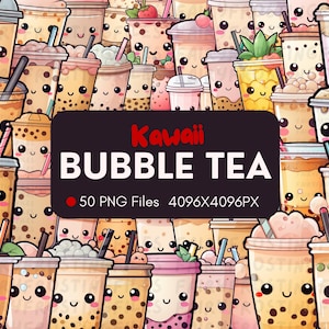 50 Kawaii Seifenblasen Tee | Digitales Kawaii PNG-Bundle | 50 verschiedene Grafiken | Niedliche Kawaii Süßigkeiten Boba Tee | Sofortdownload | Aufkleber | PNG