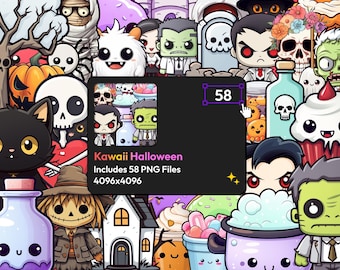 Gráficos Kawaii de Halloween: Paquete de 58 imágenes PNG (descarga digital)