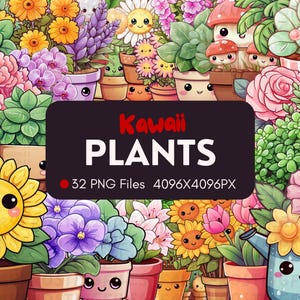 32 imágenes prediseñadas de plantas kawaii / 32 gráficos diferentes / Paquete de imágenes PNG kawaii digitales / Lindos gráficos de plantas en macetas kawaii / Descarga instantánea / PNG