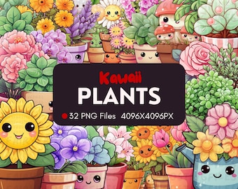 32 Kawaii Potted Plants Clipart: PNG Graphics Bundle (Digital Download)