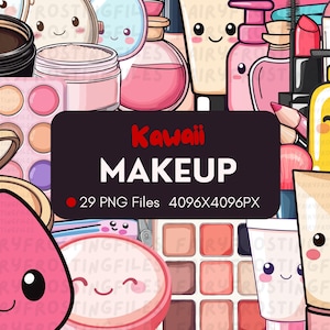 Kawaii Make-up Clipart | 29 Niedliche Schönheitsgrafiken | Digitales PNG-Bundle | Lippenstift Lidschatten Pinsel Spiegel Kunst | Sofortdownload | Aufkleber