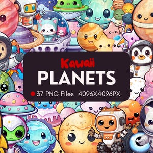 37 Kawaii Clipart Planeten | 37 verschiedene Grafiken | Digitales Kawaii PNG-Bundle | Niedliche Kawaii Sonnensystem Grafiken | Sofortdownload | PNG