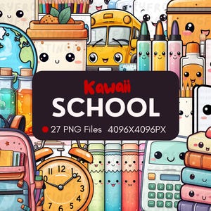 27 Kawaii Clipart School / 27 Gráficos Diferentes / Paquete Digital Kawaii PNG / Lindos Gráficos Escolares Kawaii / Descarga Instantánea / PNG /