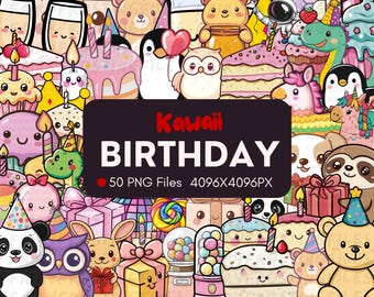 Kawaii Birthday Clipart Bundle: 50 PNG Graphics (Digital Download)