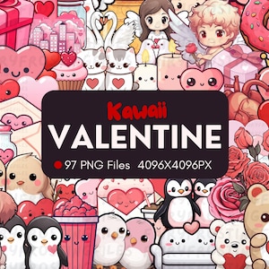 97 Kawaii Valentinstag | 97 Verschiedene Grafiken | Digitales PNG-Bundle | Niedliche Kawaii Valentinstag | Süße Aufkleber | Liebe | Sofort Download