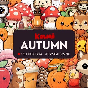 63 Kawaii Autumn / 63 diverse grafiche / Pacchetto PNG Kawaii digitale / Carino autunno kawaii / Adesivi / Download immediato / Uso commerciale / PNG
