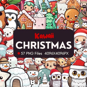 57 Kawaii Christmas / 57 Gráficos diferentes / Paquete PNG Kawaii digital / Lindo invierno Kawaii / Pegatinas / Descarga instantánea / PNG /