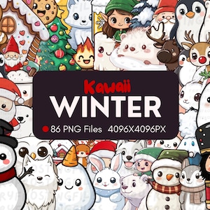 86 Hiver Kawaii | 86 graphismes différents | Ensemble numérique Kawaii PNG | Joli graphisme de Noël kawaii | Clipart | Pays des merveilles d'hiver | PNG |