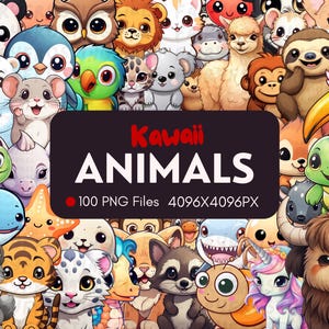100 kawaii clipartdieren |  100 verschillende afbeeldingen | Digitale kawaii png-bundel | Schattige kawaii-dierenafbeeldingen | Directe download |Stickers
