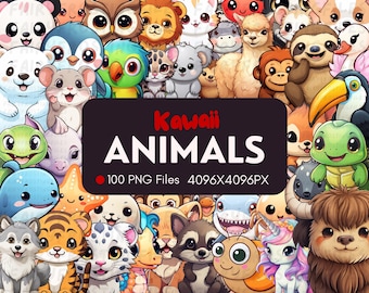 100 Kawaii Animal Clipart Graphics: PNG Bundle (Digital Download)