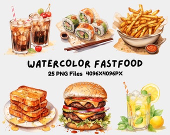 Watercolor Fast Food Clipart | 25 High Resolution PNG | Junk Food | Commercial Use | Instant Download | Pizza | Sushi | Hamburger | Cola