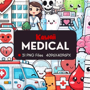 31 Kawaii Medical | 31 verschillende afbeeldingen | Digitale kawaii png-bundel | Schattige Kawaii-ziekenhuisaccessoires | Direct downloaden | PNG |