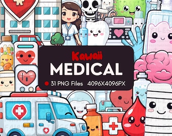 Clipart mediche kawaii: 31 grafiche PNG (download digitale)