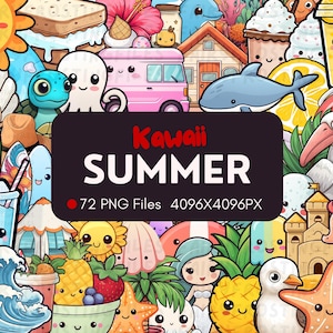 72 Kawaii Summer / 72 gráficos diferentes / Paquete de PNG digitales kawaii / Linda playa kawaii / Pegatinas / Descarga instantánea / Vacaciones / Viajes