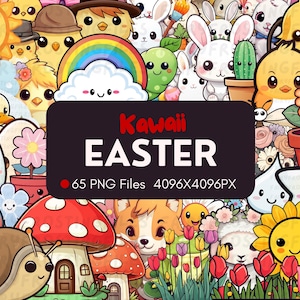 65 Kawaii Pasqua / 65 diverse grafiche / Pacchetto PNG Kawaii digitale / Coniglietto Kawaii carino / Adesivi / Download immediato / Floreale / Pulcino /