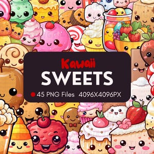 45 Doces Clipart Kawaii | 45 Gráficos Diferentes | Pacote Digital Kawaii PNG | Gráficos Fofos de Doces Kawaii | Download Instantâneo | Adesivos