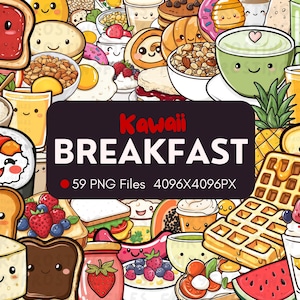 Kawaii Frühstück | 59 verschiedene Grafiken | Digitales Kawaii PNG-Bundle | Süßer Speck | Eier | Pfannkuchen | Sofortdownload | Kommerzielle Nutzung