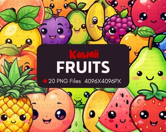 Clipart de frutas kawaii / Paquete de 20 pegatinas PNG (descarga instantánea)