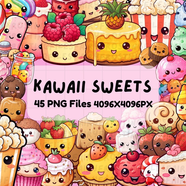 45 Kawaii Clipart Sweets | 45 Different Graphics | Digital Kawaii PNG Bundle | Cute Kawaii Sweets Graphics | Instant Download | Stickers