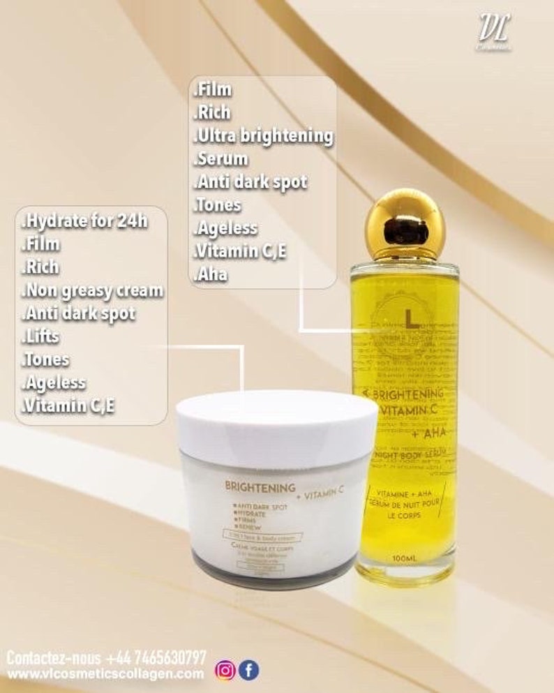 May include: Two bottles of skin care products. The bottle on the left is a white jar with a gold label that says "Brightening Anti-Dark Spot Vitamin C". The bottle on the right is a clear glass bottle with a gold cap and a gold label that says "Brightening Vitamin C + AHA Night Body Serum".