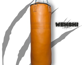 Levendige handgemaakte bokszak van puur rundleer | Zware MMA-tas | Zandzak | Trainingsbokstas kickboksen | Halloweencadeau voor hem.
