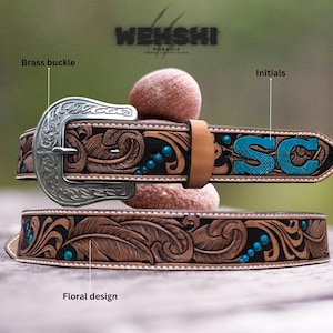 Floral design hand tooled personalized unisex leather western belt, Heavy duty vintage style brass buckle, New Year gift for him,Cowboy belt