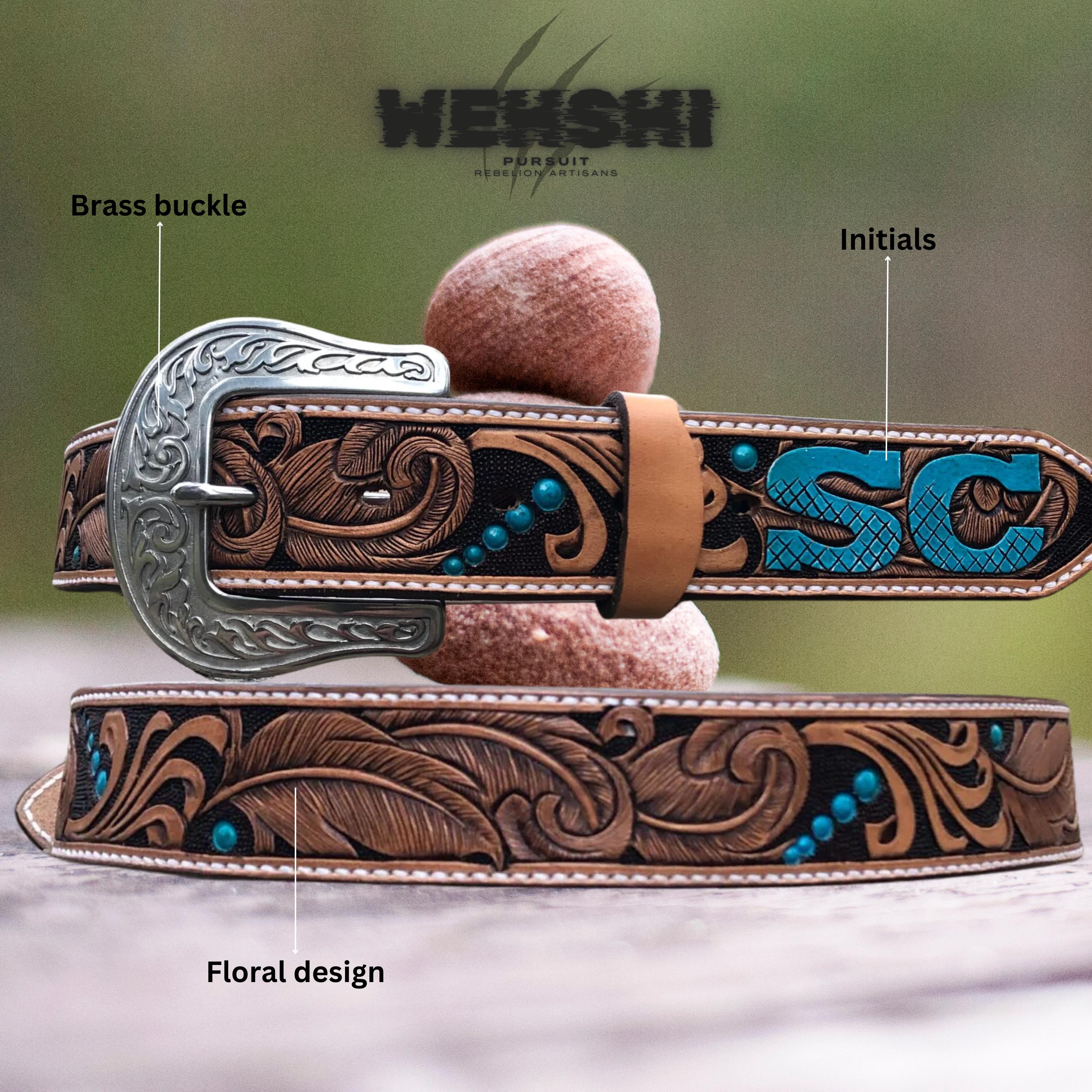 Vintage Hand Tooled Leather Belt - Botanical Flower & Leaf Design Unisex Custom Hand Tooled Belt | Floral #4 main image 2