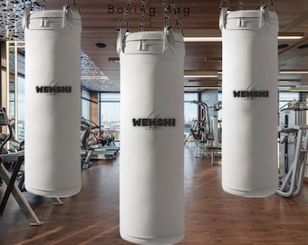 May include: Three white boxing bags hanging from chains in a gym setting. The bags are labelled "WEISHI" and the text "LUXURY Boxing Bag" is visible at the top of the image.