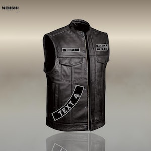 May include: Black leather vest with a stand-up collar, two chest pockets, and a front zipper. The vest has four patches with the text "TEXT 1", "TEXT 2", "TEXT 3", and "TEXT 4".