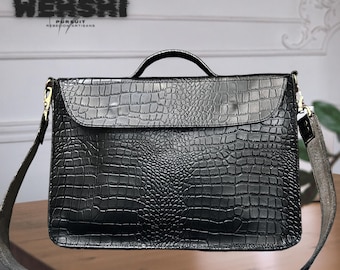 Borsa per laptop in pelle stampata coccodrillo, borsa da ufficio, borsa per MacBook con manico superiore, borsa con tracolla, regalo di Natale, regalo per lo sposo.