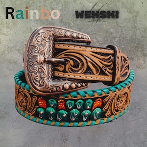 Floral design hand tooled personalized leather western belt, Heavy duty vintage style brass buckle, Christmas gift for him, Cowboy belt.