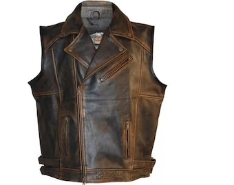 Harley Davidson Knuckle Design herrväst i slitet läder för biker – Tvåfärgad motorcykelväst i äkta läder – Perfekt present till bikerar.