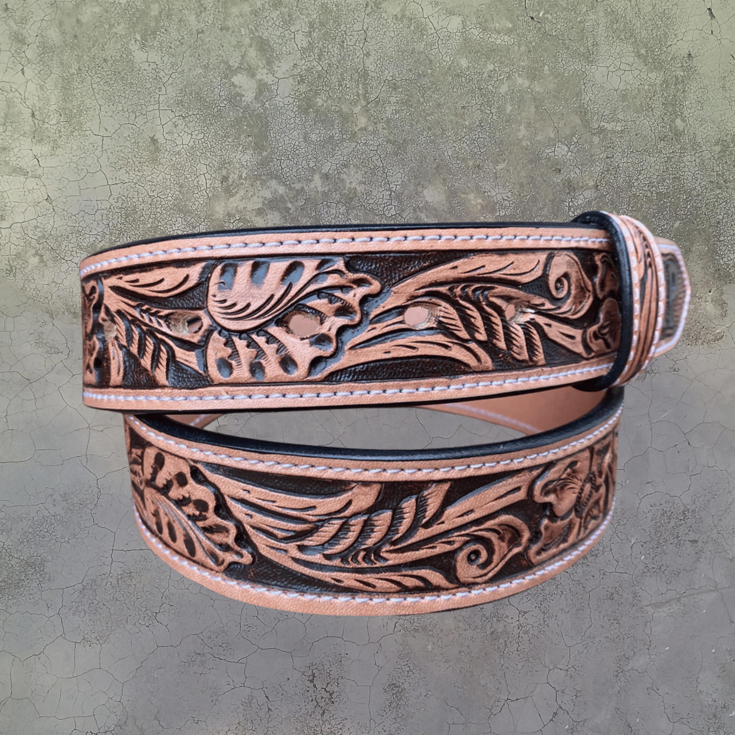 Burnished Hand Tooled Floral Hand Crafted Brass Buckle Leather Belt Size Medium Men main image 2