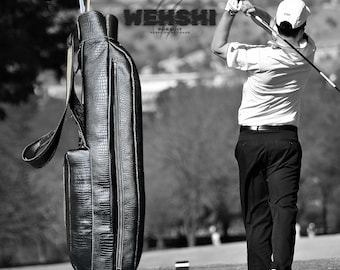 Crocodile Embossed Golf Bag Leather Golf Club Carry Bag 34''-3 Pockets,Brass Zipper, Club Compartment,Shoulder & Carry Handles, Golfers Gift