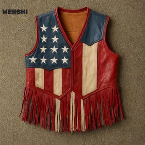 Customized Handmade Leather American Flag Fringe Vest, Fringe Leather Vest Unisex, Cowboy Leather Vest, Men&#39;s Leather Vest, Groomsmen Gift.