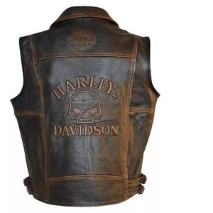 Harley Davidson Knuckle Design Distressed Leren Biker-vest heren – tweekleurig echt leren motorvest – perfect cadeau voor motorrijders.