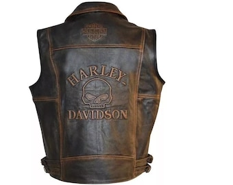 Gilet da motociclista da uomo in pelle effetto invecchiato con design a nocche Harley Davidson – Gilet da moto in vera pelle bicolore – Regalo perfetto per i motociclisti.