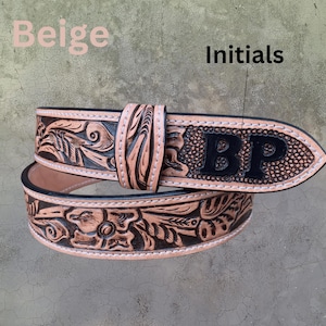 Floral design hand tooled personalized leather western belt, Heavy duty vintage style brass buckle, Christmas gift for him, Cowboy belt.