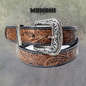 Floral design hand tooled personalized leather western belt, Heavy duty vintage style brass buckle, Christmas gift for him, Cowboy belt.