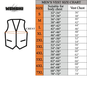 Puede incluir: Una tabla de tallas de chalecos para hombre, con tallas que van de la S a la 7XL. La tabla incluye medidas de contorno de pecho en pulgadas y contorno de chaleco en pulgadas. El logotipo de WEHSHI est&aacute; en la parte superior izquierda.