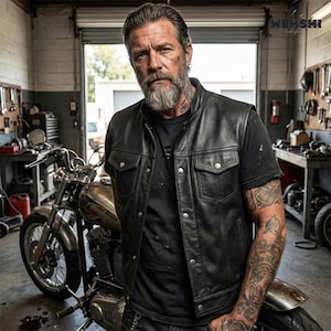 Puede incluir: Chaleco de cuero negro con dos bolsillos en el pecho y cierres de bot&oacute;n a presi&oacute;n plateados. El chaleco se lleva sobre una camiseta negra. Una motocicleta cl&aacute;sica est&aacute; aparcada detr&aacute;s del chaleco. El fondo es un garaje.