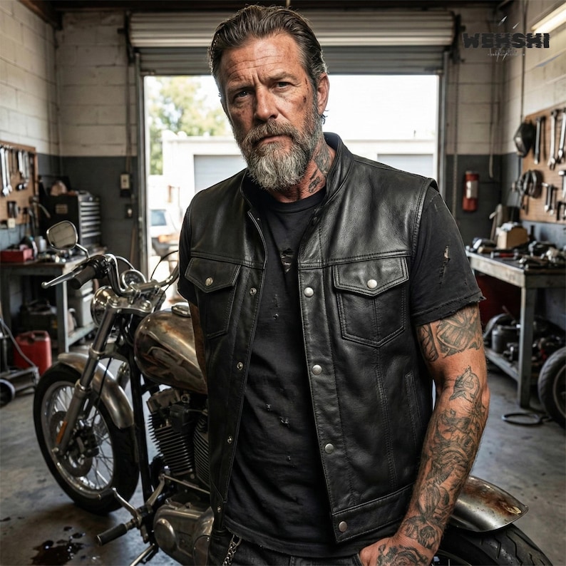 Puede incluir: Chaleco de cuero negro con dos bolsillos en el pecho y cierres de bot&oacute;n a presi&oacute;n plateados. El chaleco se lleva sobre una camiseta negra. Una motocicleta cl&aacute;sica est&aacute; aparcada detr&aacute;s del chaleco. El fondo es un garaje.