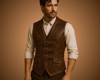 Chaleco de cuero steampunk vintage para hombre, chaleco con hebilla marrón, disfraz de pirata gótico, disfraz victoriano renacentista