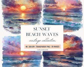 Illustrazione delle onde della spiaggia al tramonto, clipart delle onde della spiaggia dell'acquerello, scenario della spiaggia dell'acquerello, clipart delle onde dell'acquerello, clipart del tramonto