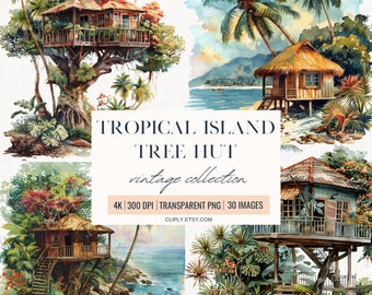 Tropical Island Tree Hut Illustration, watercolor clipart, vintage style watercolor clipart, island clipart, summer clipart, paradise
